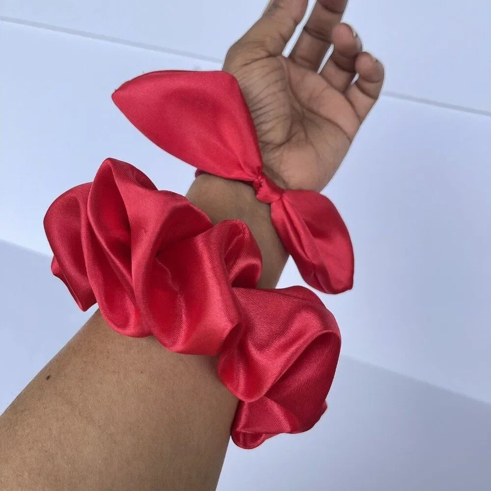 set of 2 New Satin Scrunchie Hair Tie Red